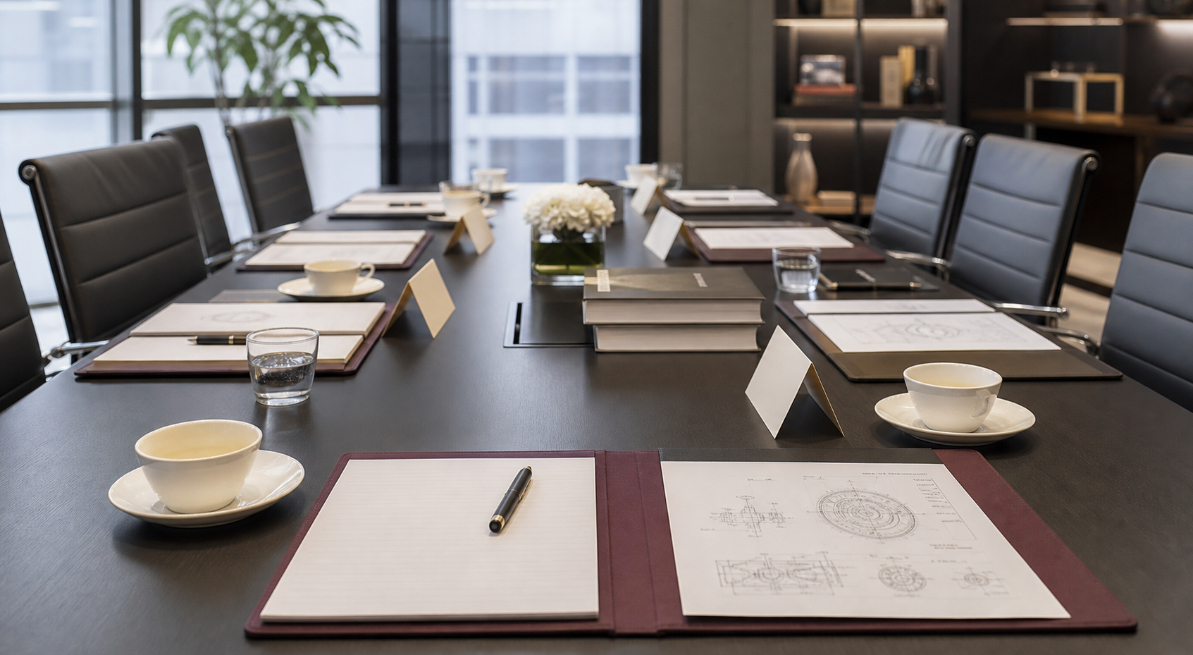 Conference room prepared for an IP legal team meeting